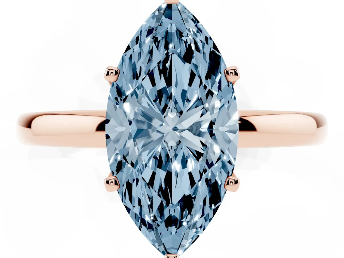 Fancy Blue Marquise Cut Solitaire Diamond Ring with Six-Prong Setting on a Classic Band Rose gold
