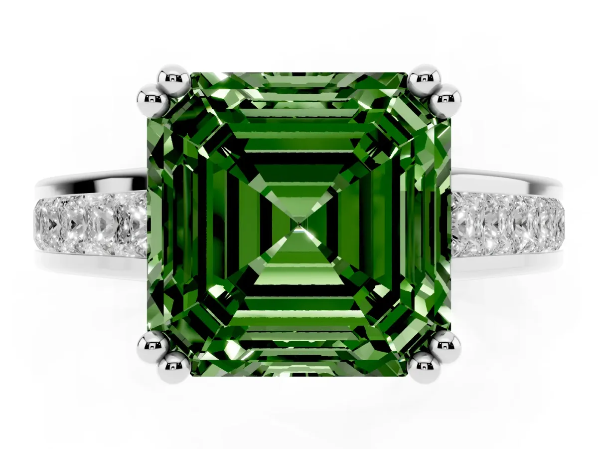 Fancy Green Asscher Cut Cut Channel Set Solitaire Engagement Ring with Prong Setting Silver