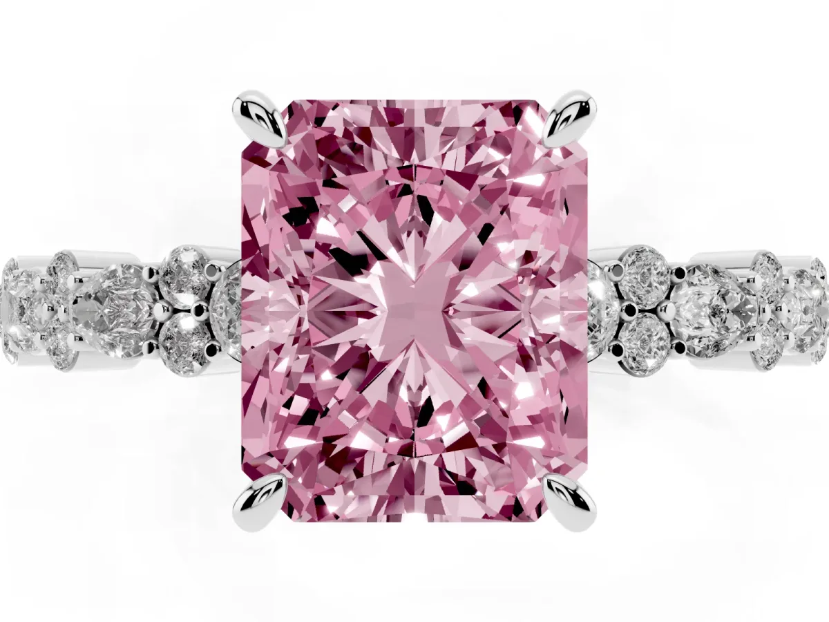 Fancy Pink Radiant Cut Diamond Side Stone Solitaire Ring with Round and Four-Prong Setting Silver