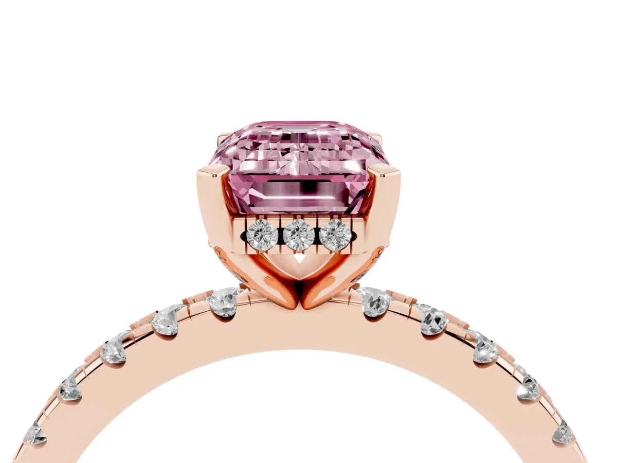 Fancy Pink Emerald Cut Diamond Solitaire Ring with Round Pavé Band and Four-Prong Setting Rose gold