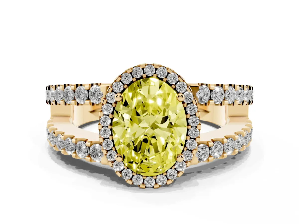 Fancy Yellow Oval Cut Cut Halo Split Shank Diamond Ring with Four-Prong Setting Yellow gold