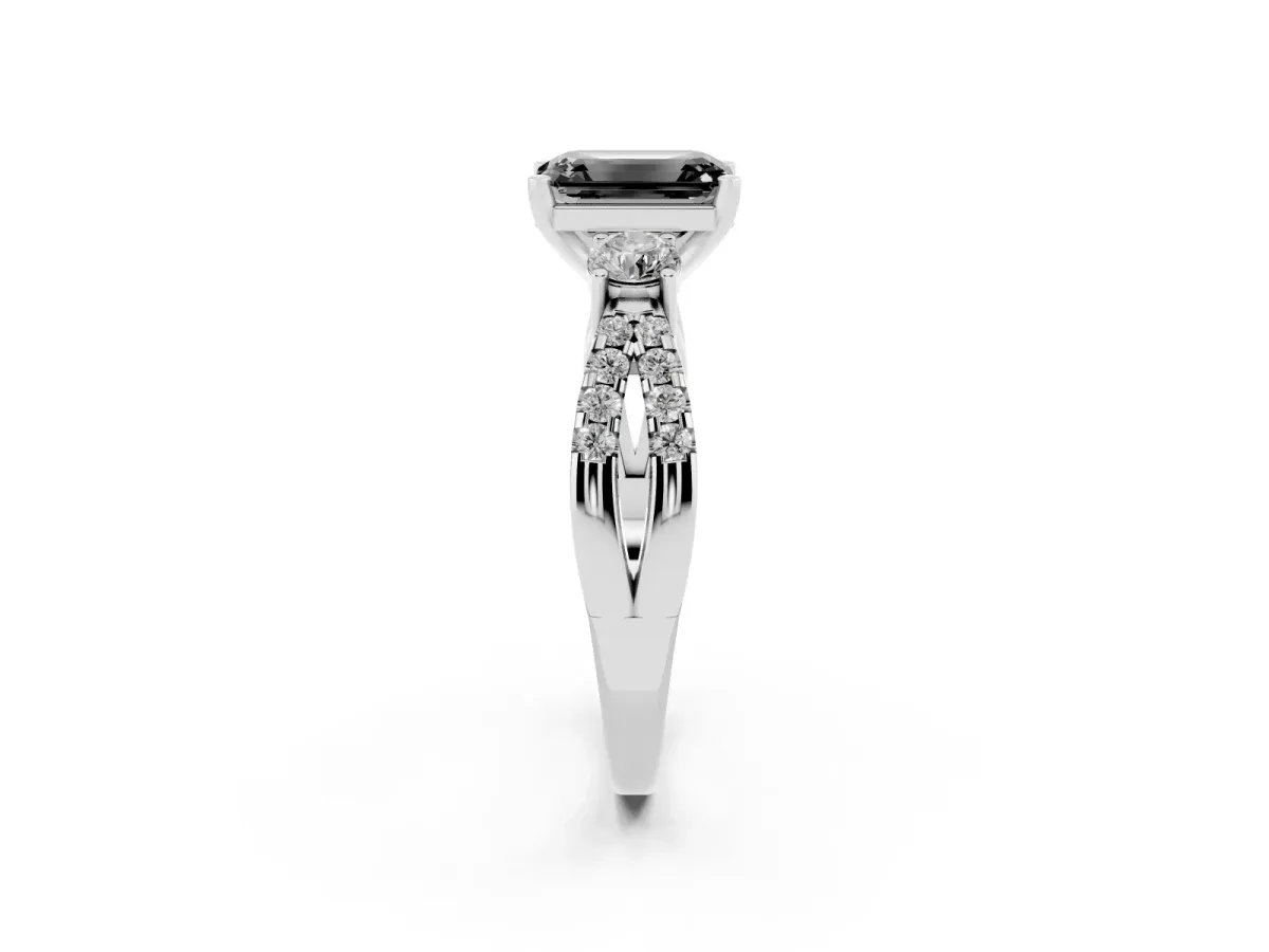 Fancy Black Emerald Cut Diamond Three-Stone Ring with Pavé Split Shank and Four-Prong Setting Platinum