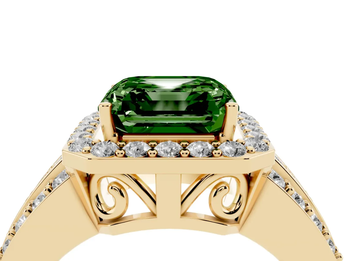 Fancy Green Asscher Cut Halo Diamond Ring with Round Split Shank and Prong Setting Yellow gold