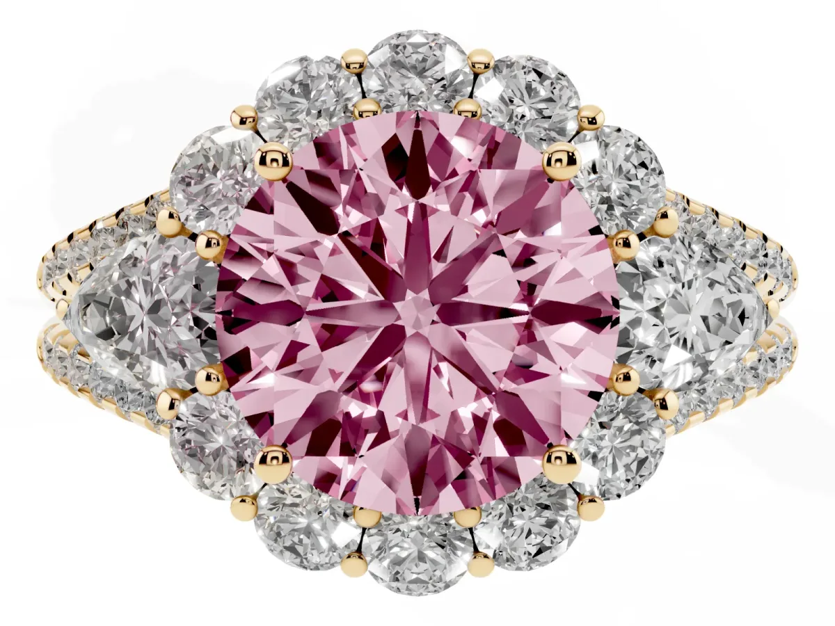 Fancy Pink Round Cut Halo Split Shank Diamond Engagement Ring with Prong Setting Yellow gold