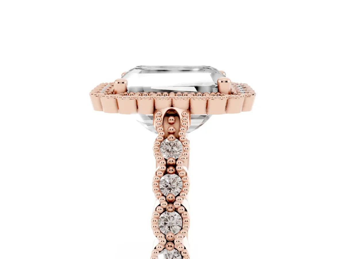 Radiant Cut Cut Halo Pavé Solitaire Ring with Milgrain Band Rose gold