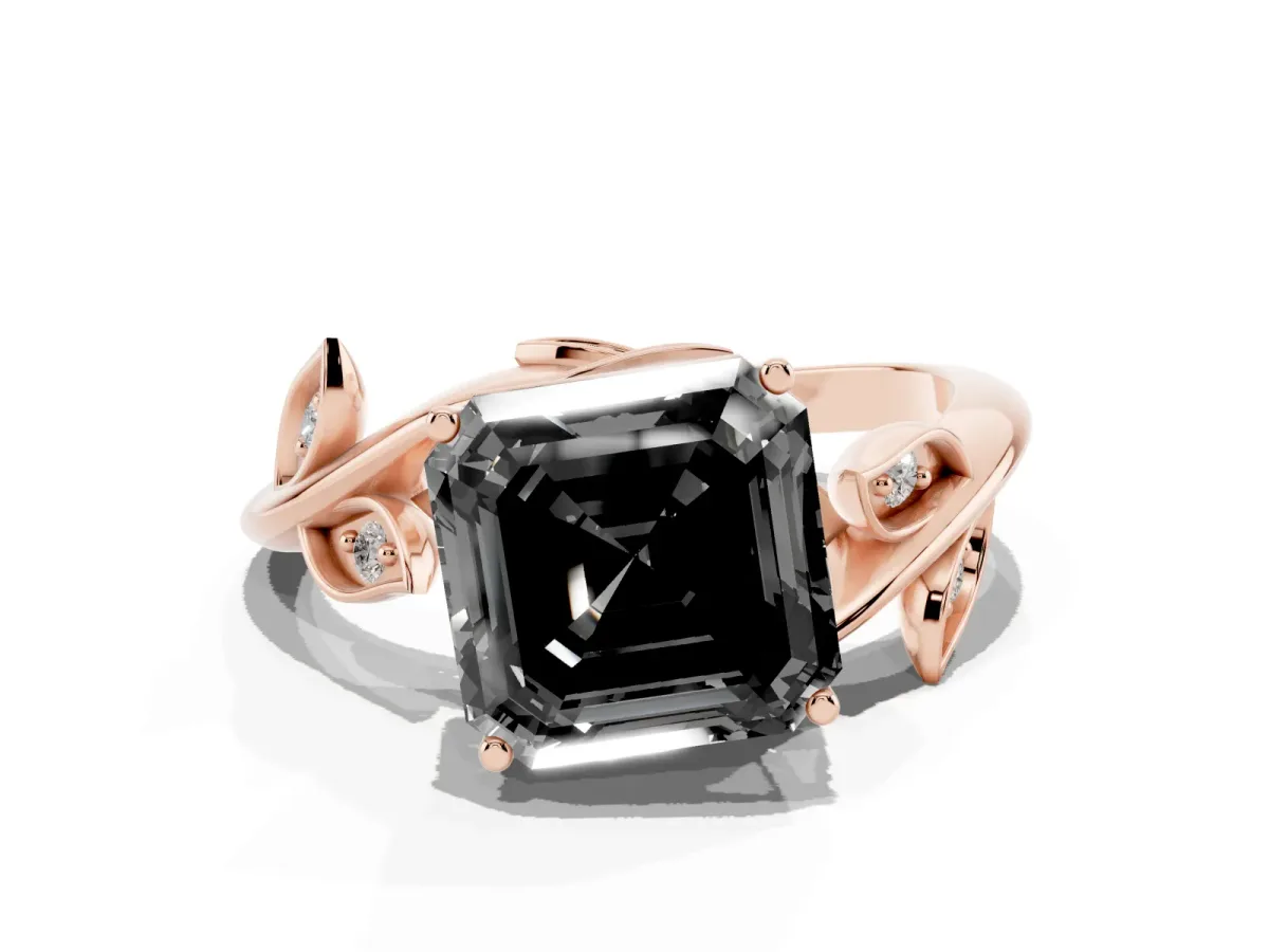 Fancy Black Asscher Cut Solitaire Twist Engagement Ring with Leaf Accents and Prong Setting Rose gold