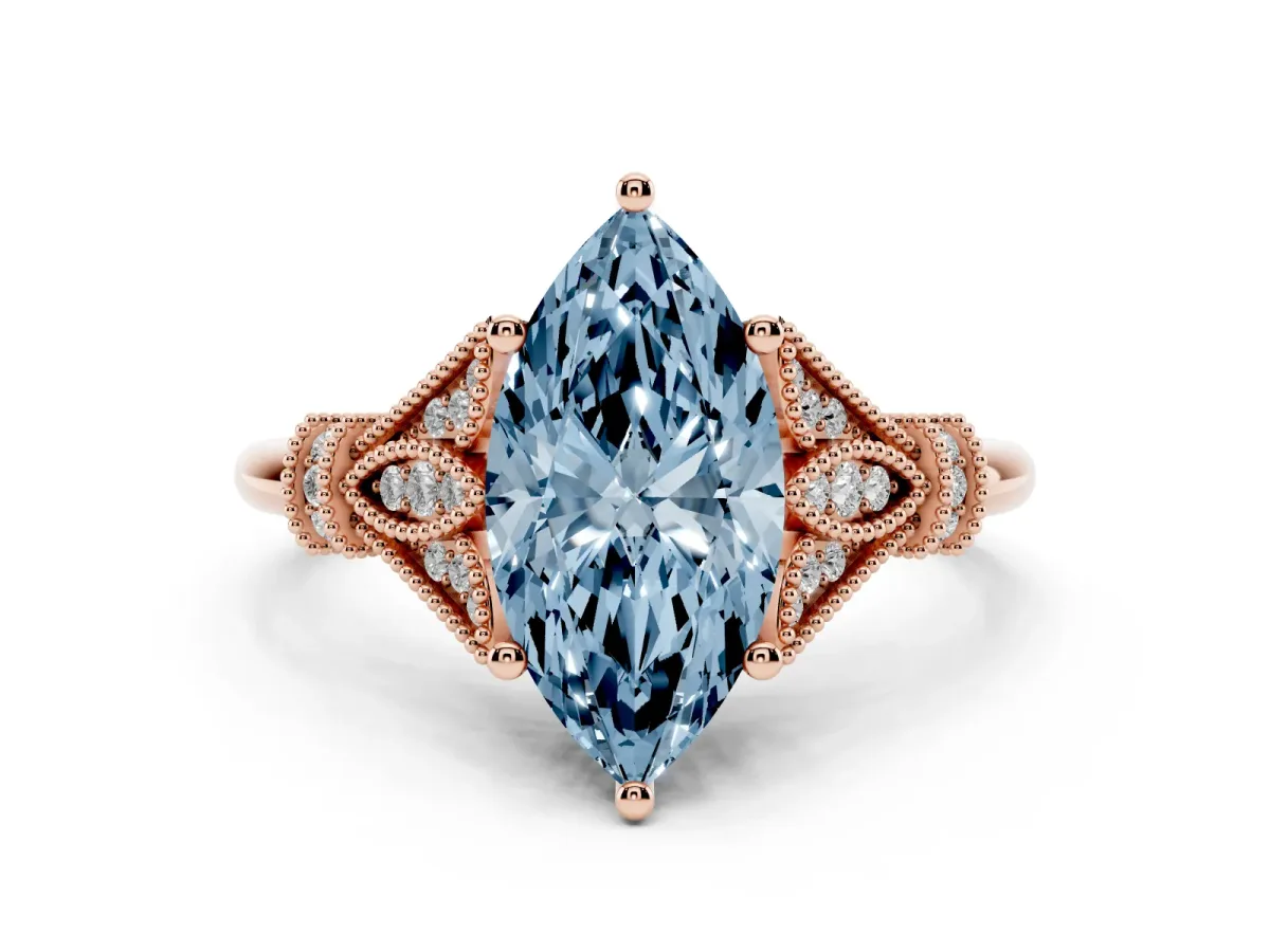 Fancy Blue Marquise Cut Diamond Solitaire Ring with Floral Filigree and Pave Accents Rose gold