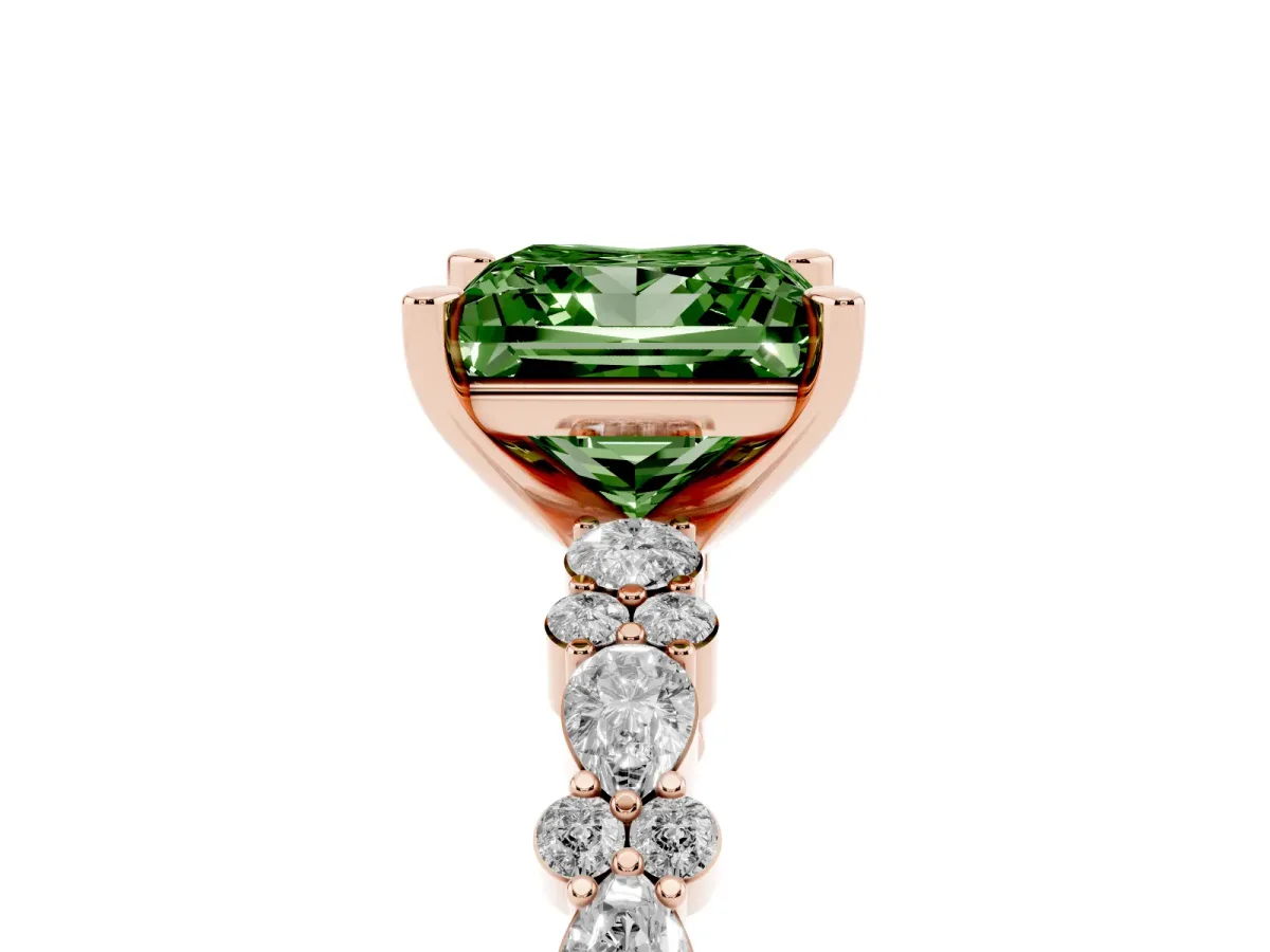 Fancy Green Princess Cut Diamond Side Stone Solitaire Ring with Round and Four-Prong Setting Rose gold