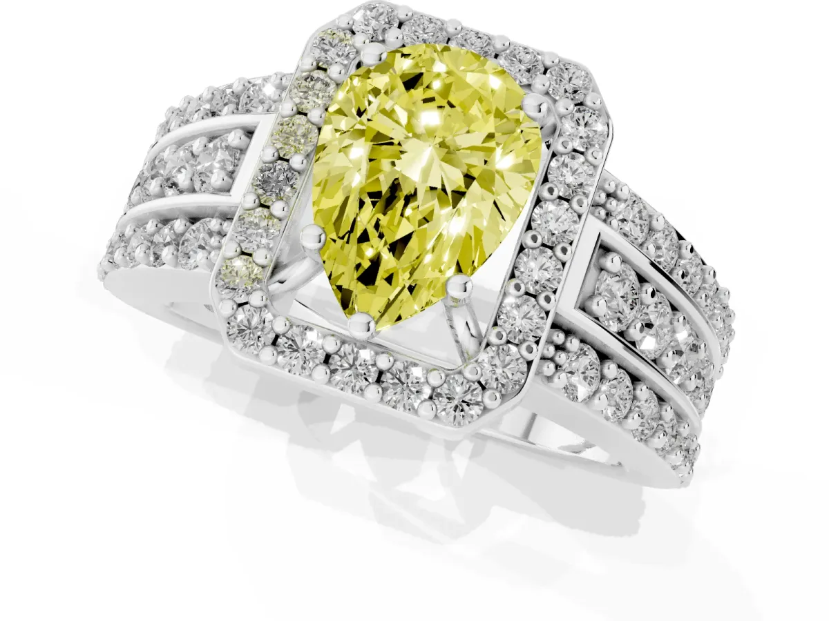 Fancy Yellow Pear Cut Halo Diamond Ring with Round Split Shank and Prong Setting Silver