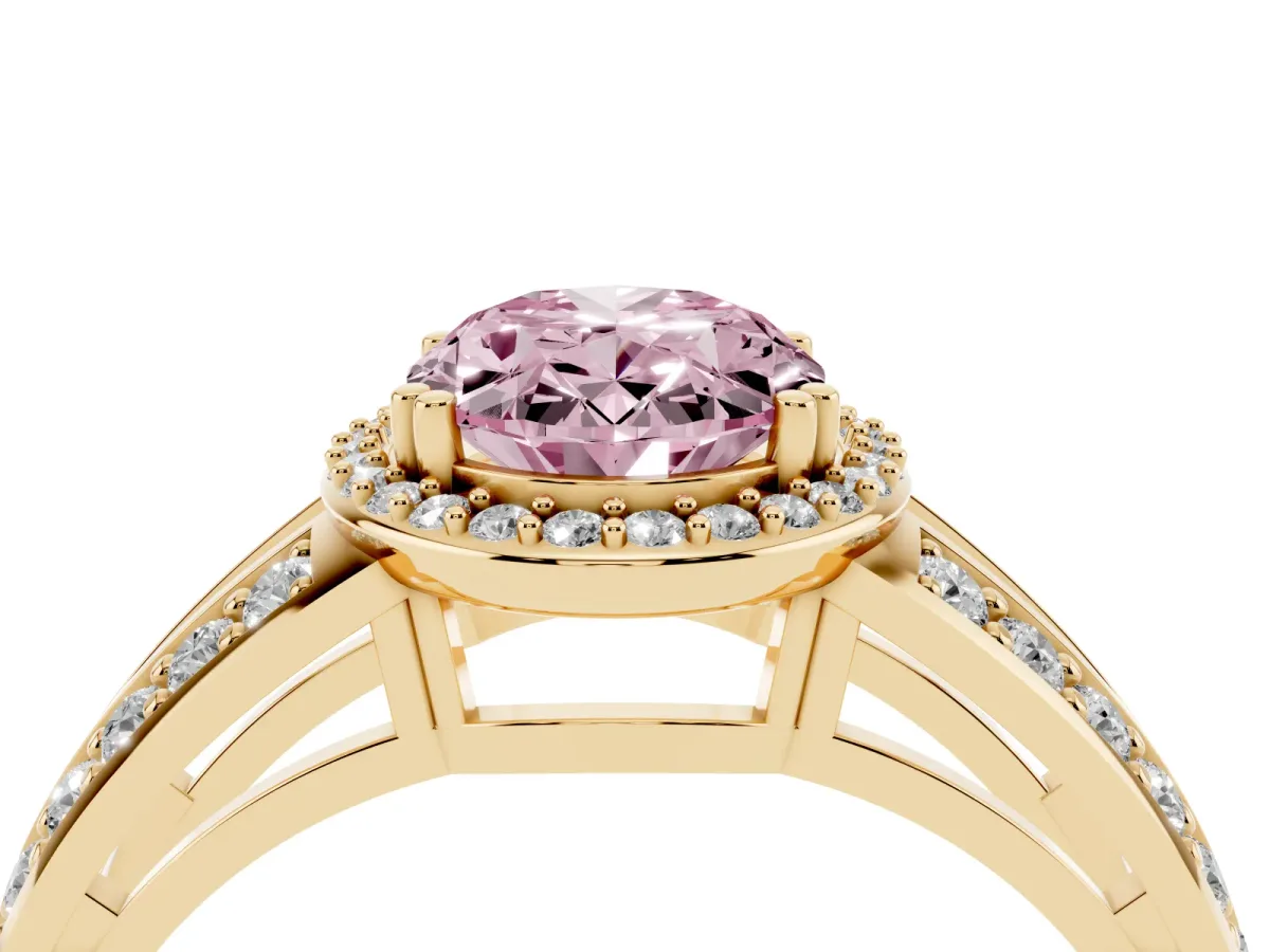 Fancy Pink Oval Cut Diamond Halo Ring with Split Shank Pavé Band and Four-Prong Setting Yellow gold