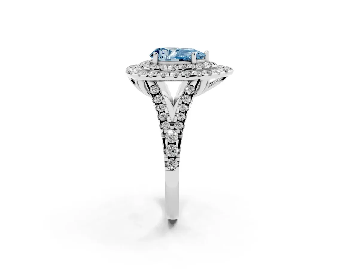 Fancy Blue Double Halo Pear Cut Diamond Pavé Split Shank Ring with Prong Setting White gold