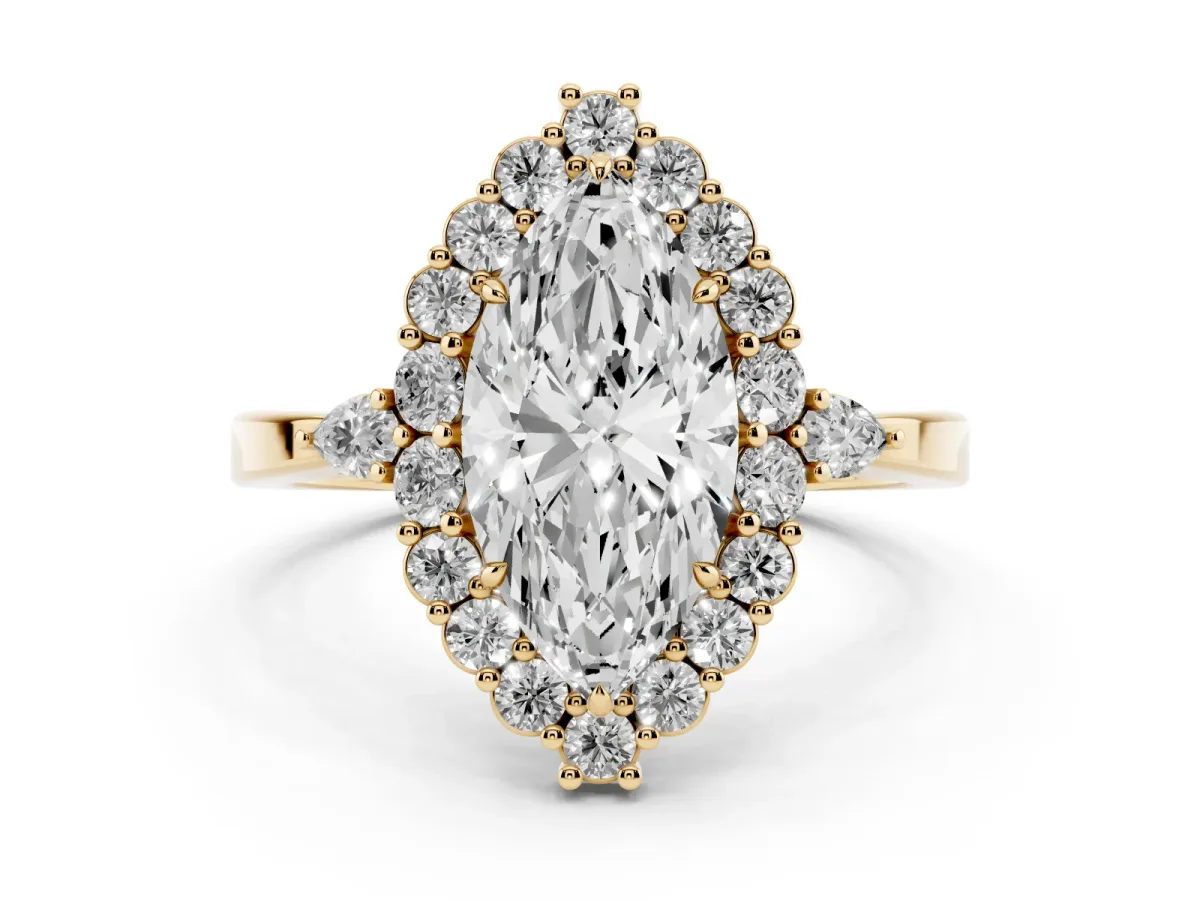 Marquise Cut Diamond Halo Ring with Pear Side Stones and Prong Setting Yellow gold