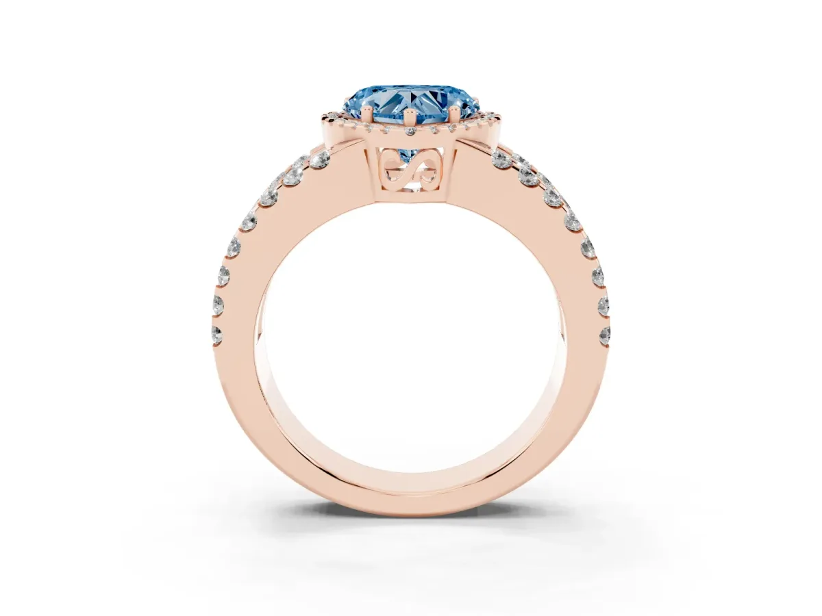 Fancy Blue Heart Cut Cut Halo Split Shank Diamond Ring with Four-Prong Setting Rose gold