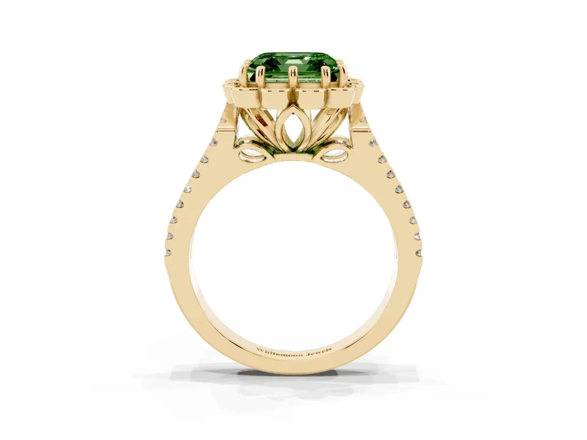 Fancy Green Asscher Cut Halo Diamond Floral Split Shank Engagement Ring Yellow gold