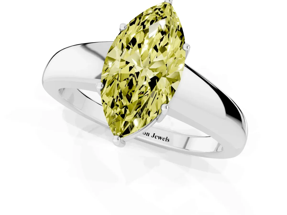Fancy Yellow Marquise Cut Solitaire Diamond Ring with Tapered Band and Four-Prong Setting Platinum