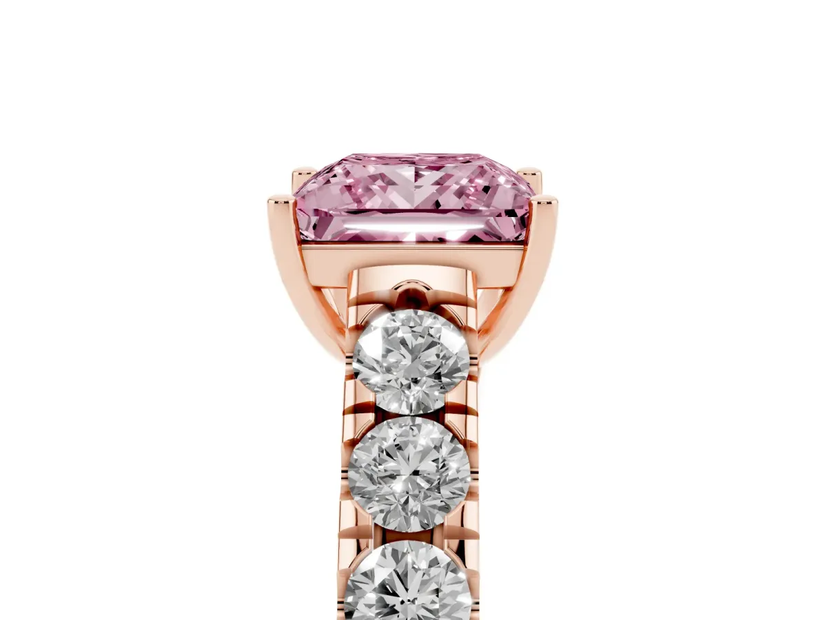 Fancy Pink Princess Cut Cut Diamond Solitaire Ring with Micro Pave Band and Prong Setting Rose gold