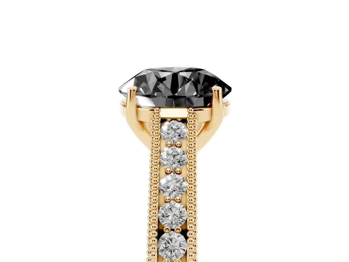Fancy Black Round Cut Cut Pave Band Milgrain Solitaire Ring Yellow gold