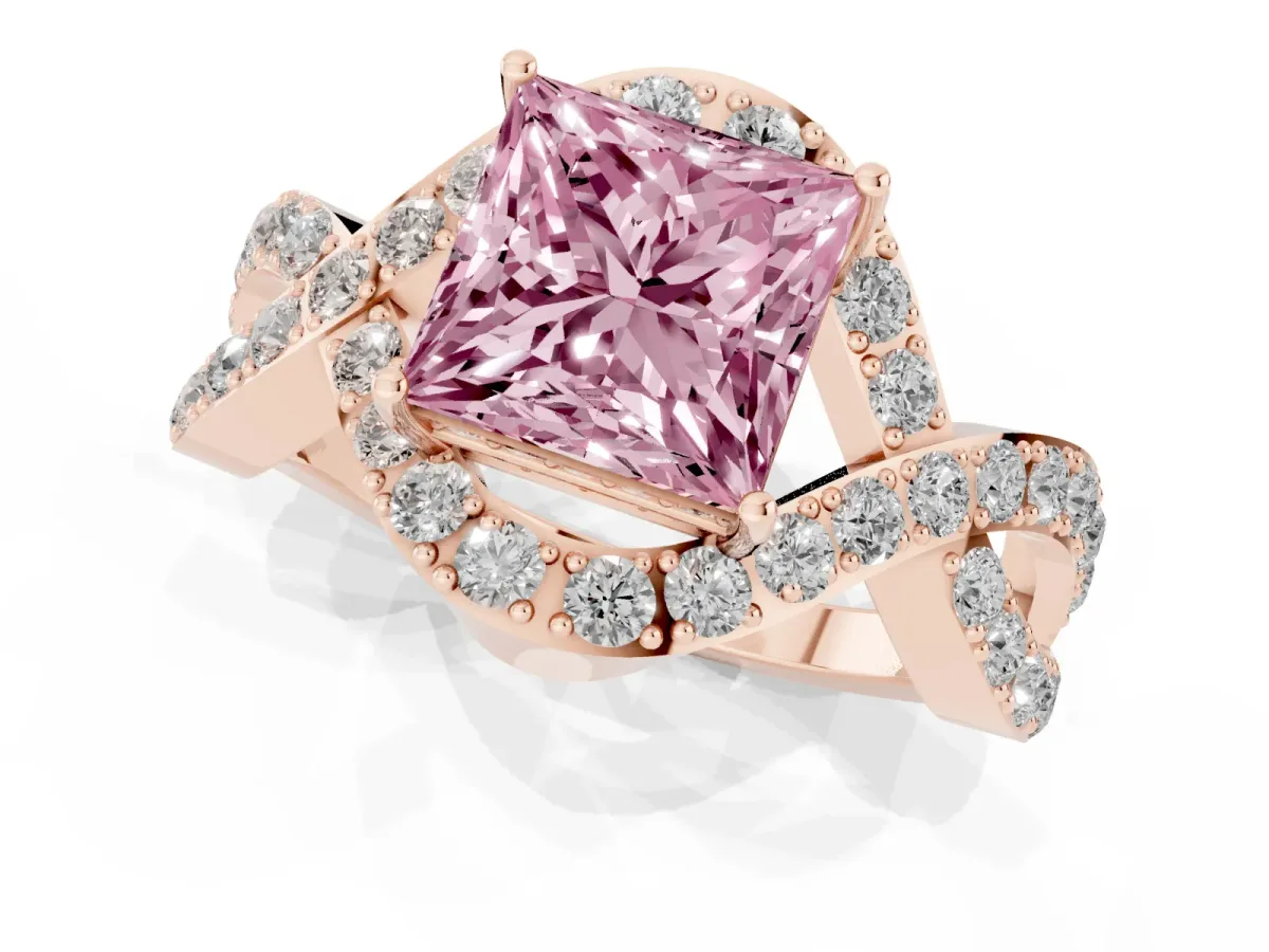 Fancy Pink Princess Cut Solitaire Twist Band Pavé Diamond Engagement Ring Rose gold