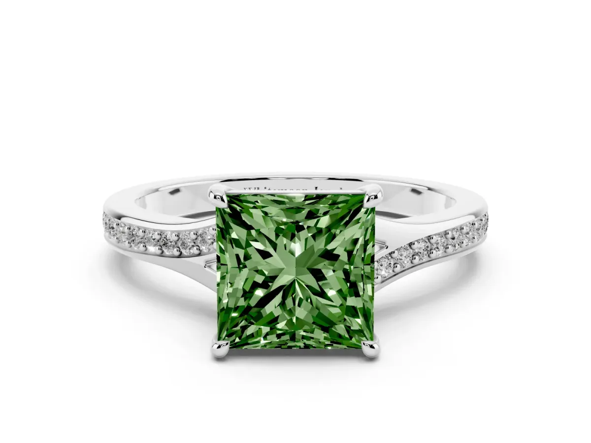 Fancy Green Princess Cut Diamond Solitaire Ring with Pavé Band and Prong Setting Silver