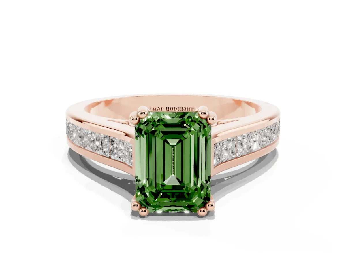 Fancy Green Emerald Cut Cut Channel Set Solitaire Engagement Ring with Prong Setting Rose gold