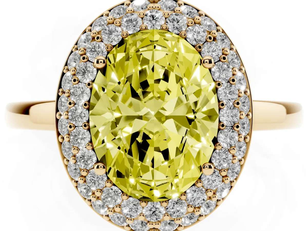 Fancy Yellow Oval Cut Halo Diamond Engagement Ring with Solitaire Band and Four-Prong Setting Yellow gold