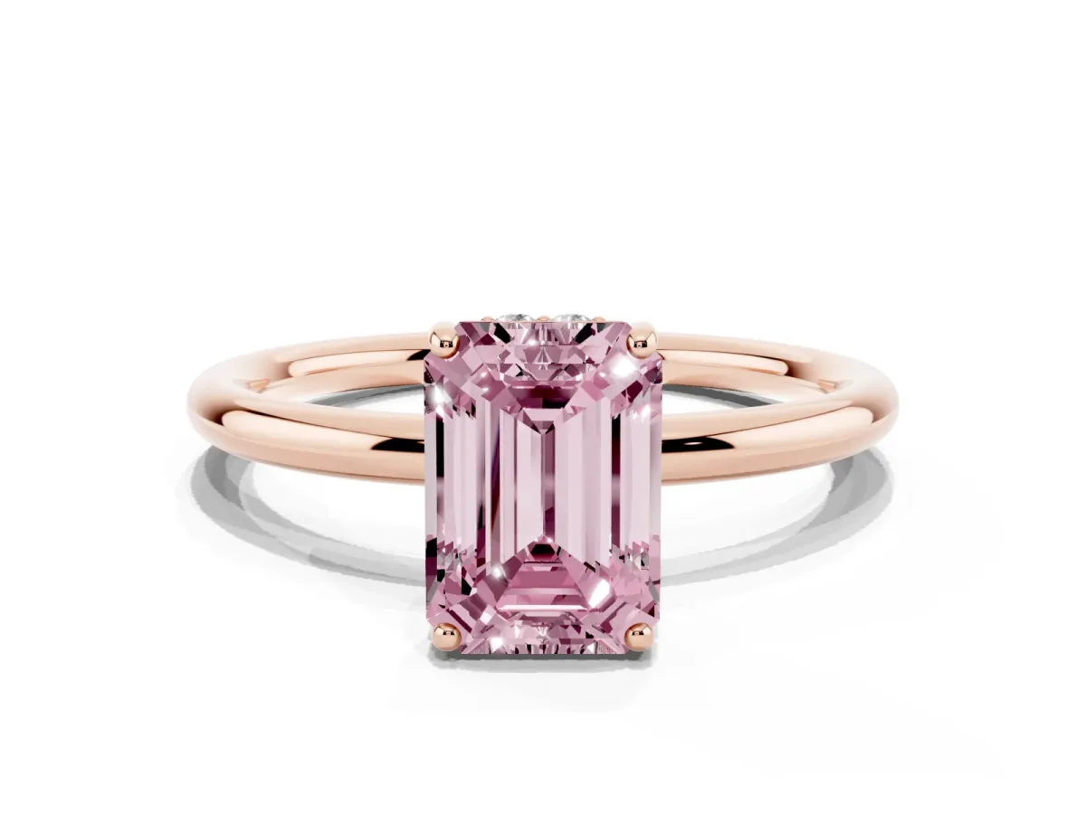 Fancy Pink Emerald Cut Solitaire Diamond Ring with a Classic Band and Four-Prong Setting Rose gold