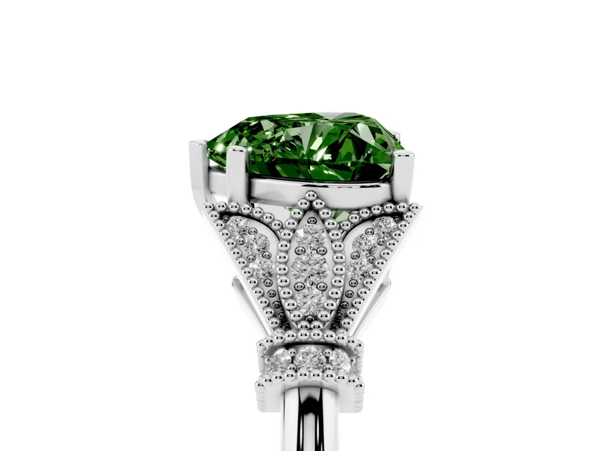 Fancy Green Heart Cut Diamond Solitaire Ring with Floral Filigree and Pave Accents Silver