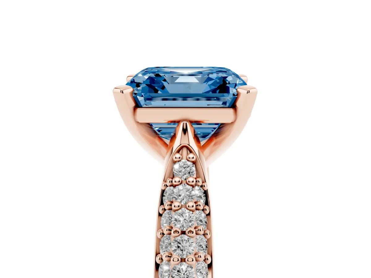 Fancy Blue Asscher Cut Diamond Solitaire Engagement Ring with Multi-Row Round Pavé Band and Prong Setting Rose gold