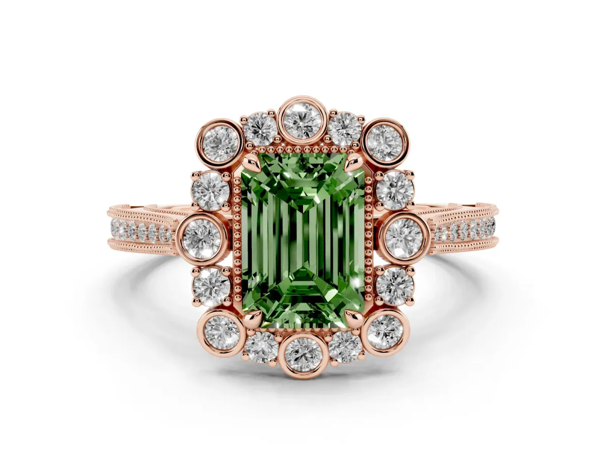 Fancy Green Emerald Cut Halo Milgrain Pave Diamond Ring with Four-Prong Setting Rose gold