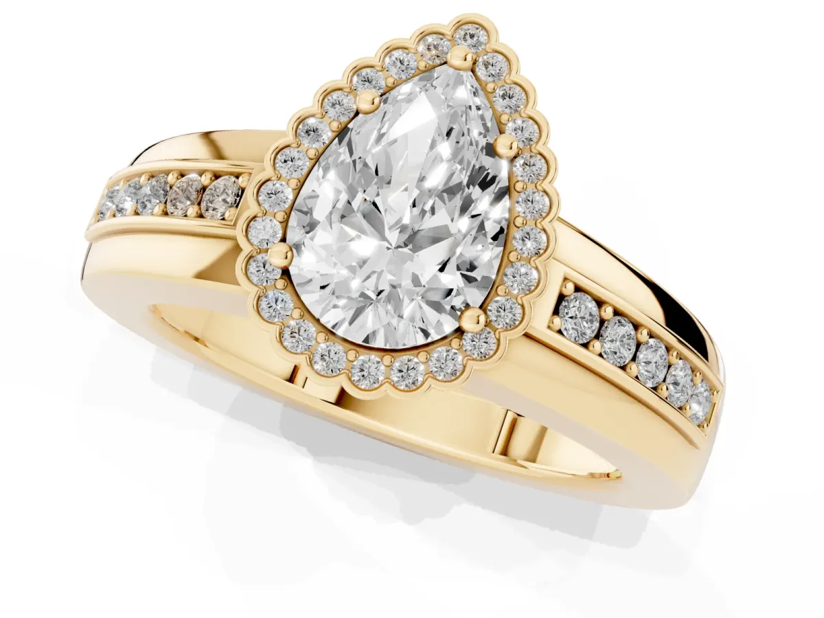 Pear Cut Cut Halo Pave Band Four-Prong Ring Yellow gold