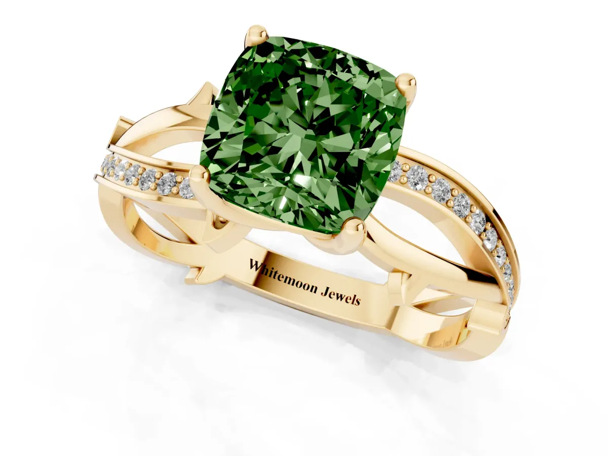 Fancy Green Cushion Cut Solitaire Twist Band with Pavé Accents and Four-Prong Setting Yellow gold