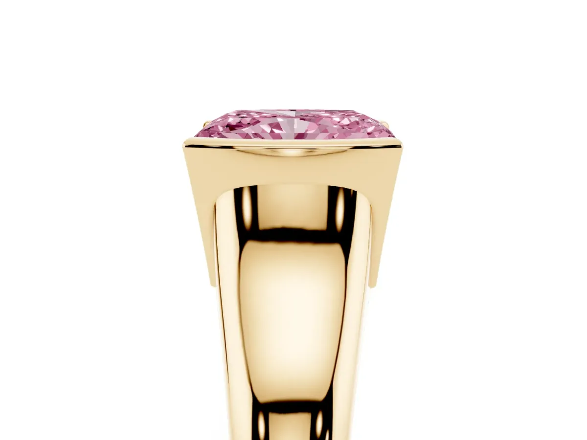 Fancy Pink Radiant Cut Solitaire Tension Set Diamond Ring with Split Shank Band Yellow gold