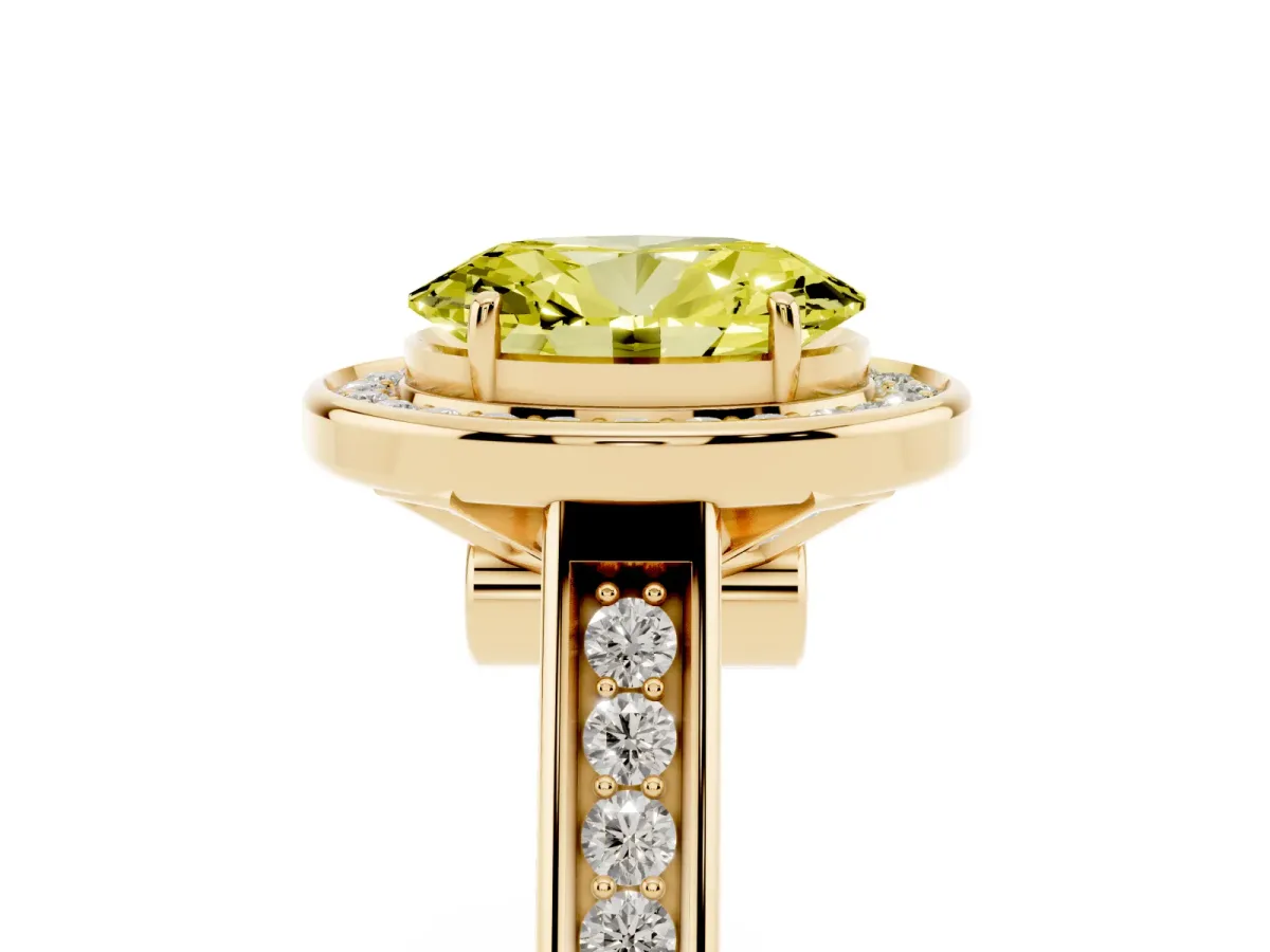 Fancy Yellow Oval Cut Halo Solitaire Diamond Ring with Pave Band and Bezel Setting Yellow gold