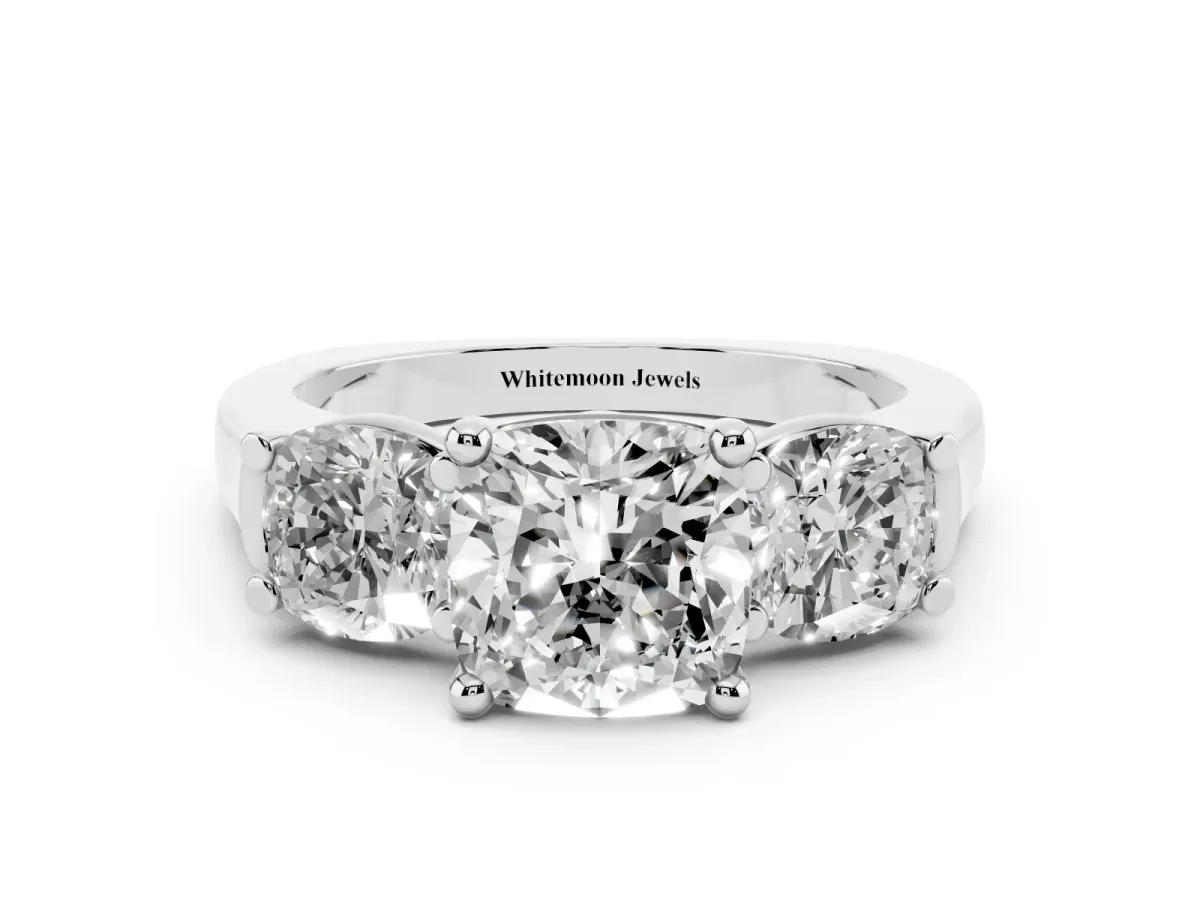 Three-Stone Cushion Cut Brilliant Diamond Trellis Ring with Comfort Fit Band Platinum