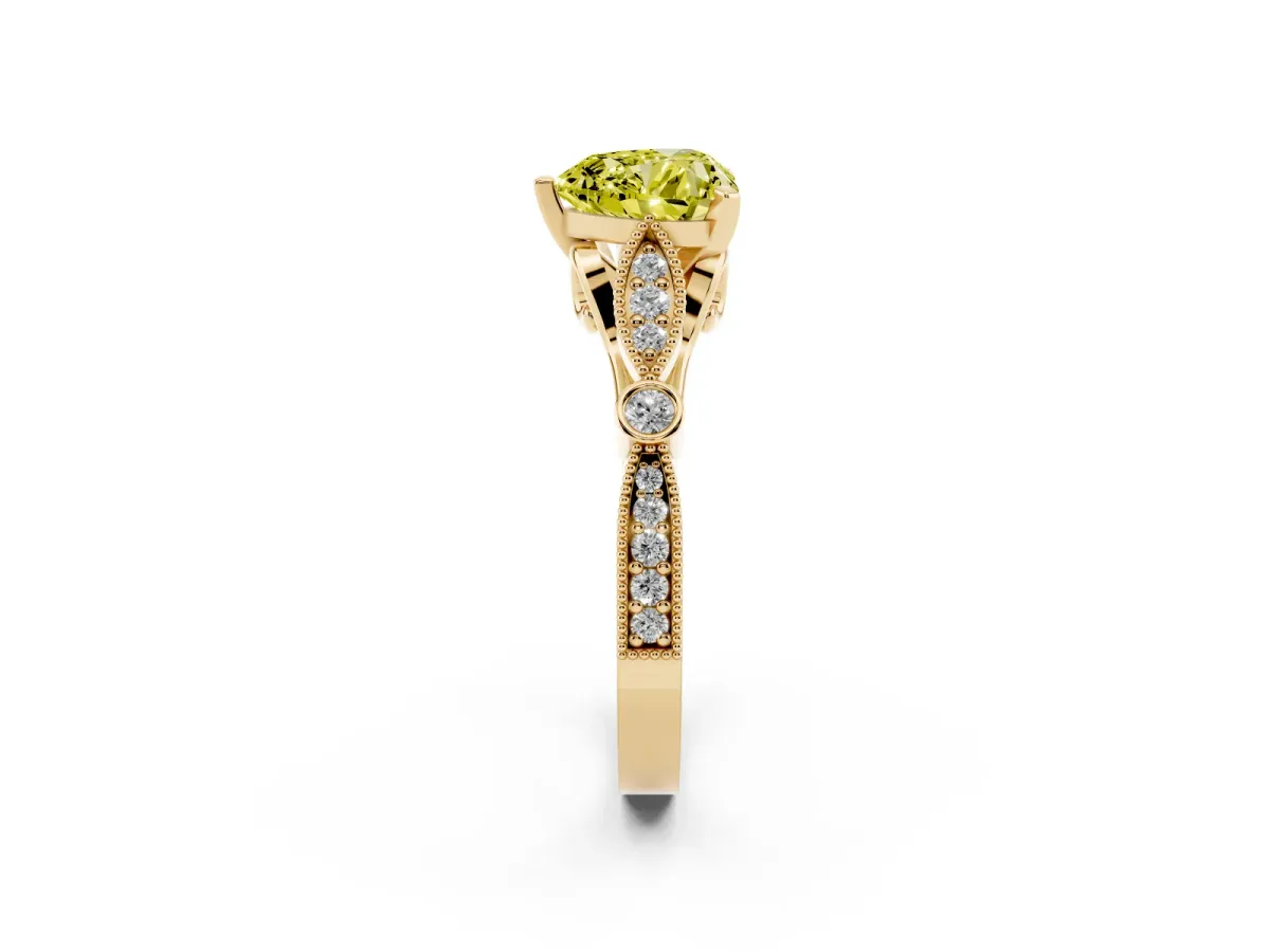 Fancy Yellow Heart Cut Cut Diamond with Milgrain Marquise and Bezel Accents on a Solitaire Band with Prong Setting Yellow gold