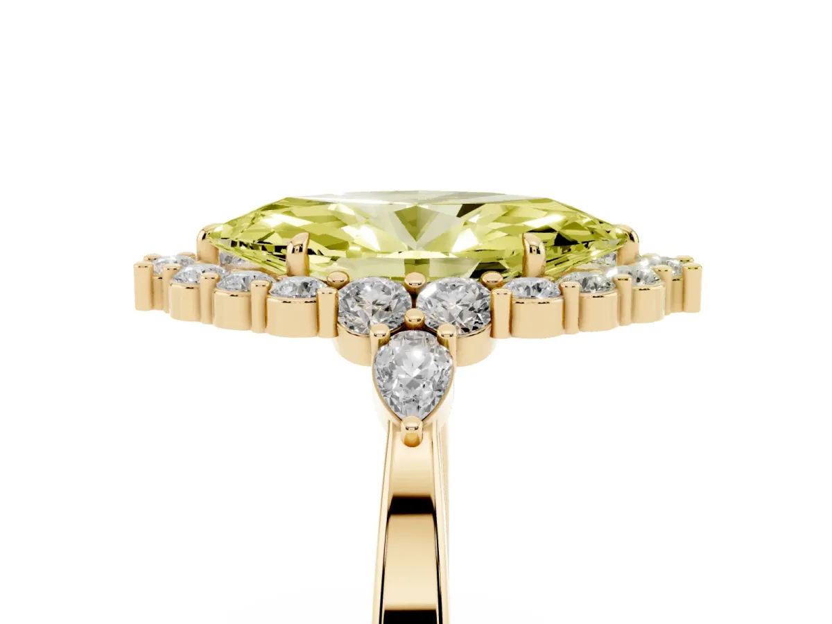 Fancy Yellow Marquise Cut Diamond Halo Ring with Pear Side Stones and Prong Setting Yellow gold
