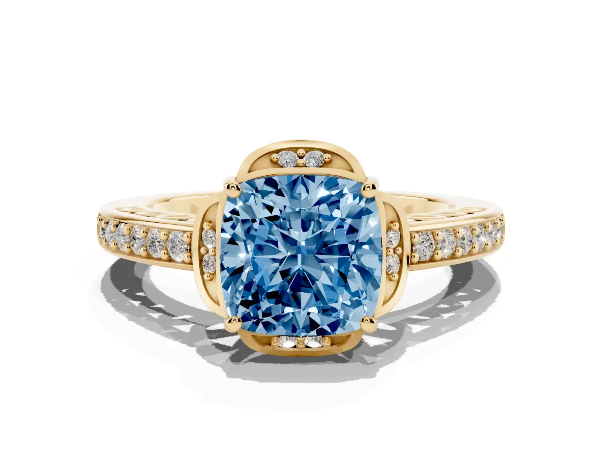 Fancy Blue Cushion Cut Cut Halo Diamond Ring with Channel Set Band and Four-Prong Setting Yellow gold