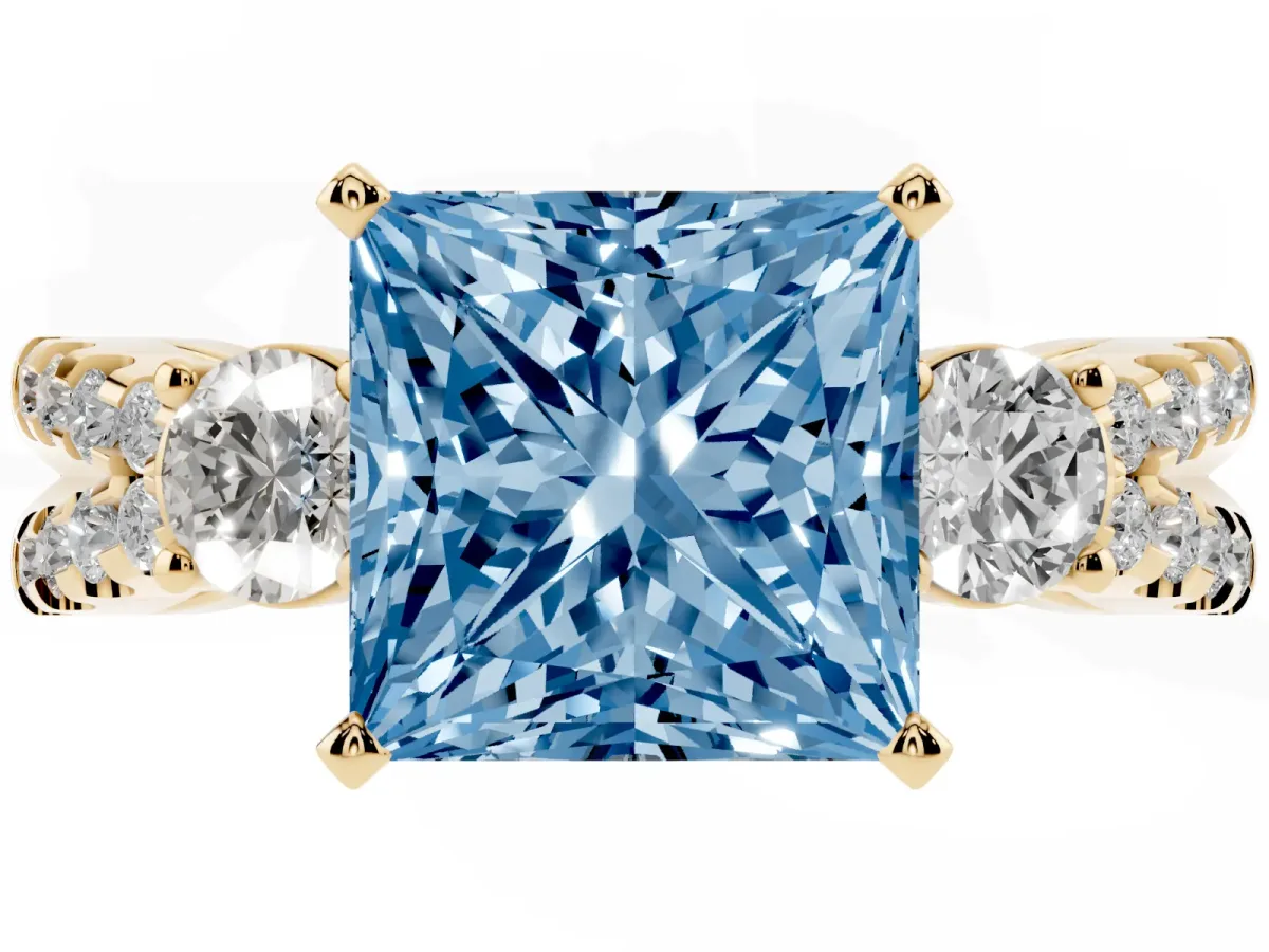 Fancy Blue Princess Cut Diamond Three-Stone Ring with Pavé Split Shank and Four-Prong Setting Yellow gold