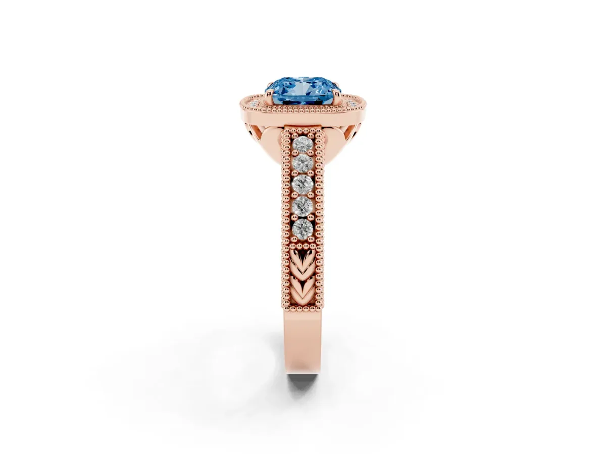 Fancy Blue Cushion Cut Cut Halo Diamond Ring with Pavé Band and Four-Prong Setting Rose gold