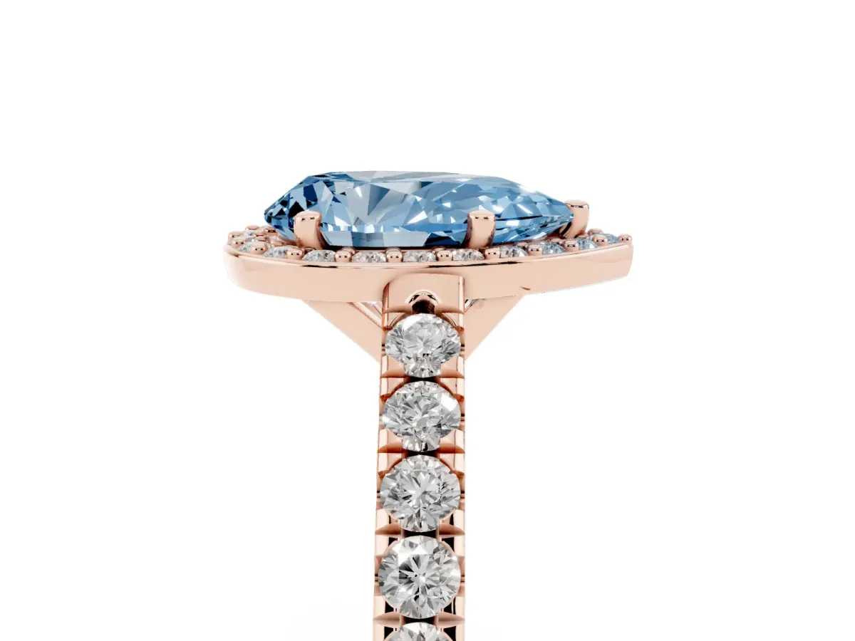 Fancy Blue Pear Cut Cut Halo Diamond Engagement Ring with Pave Band and Four-Prong Setting Rose gold