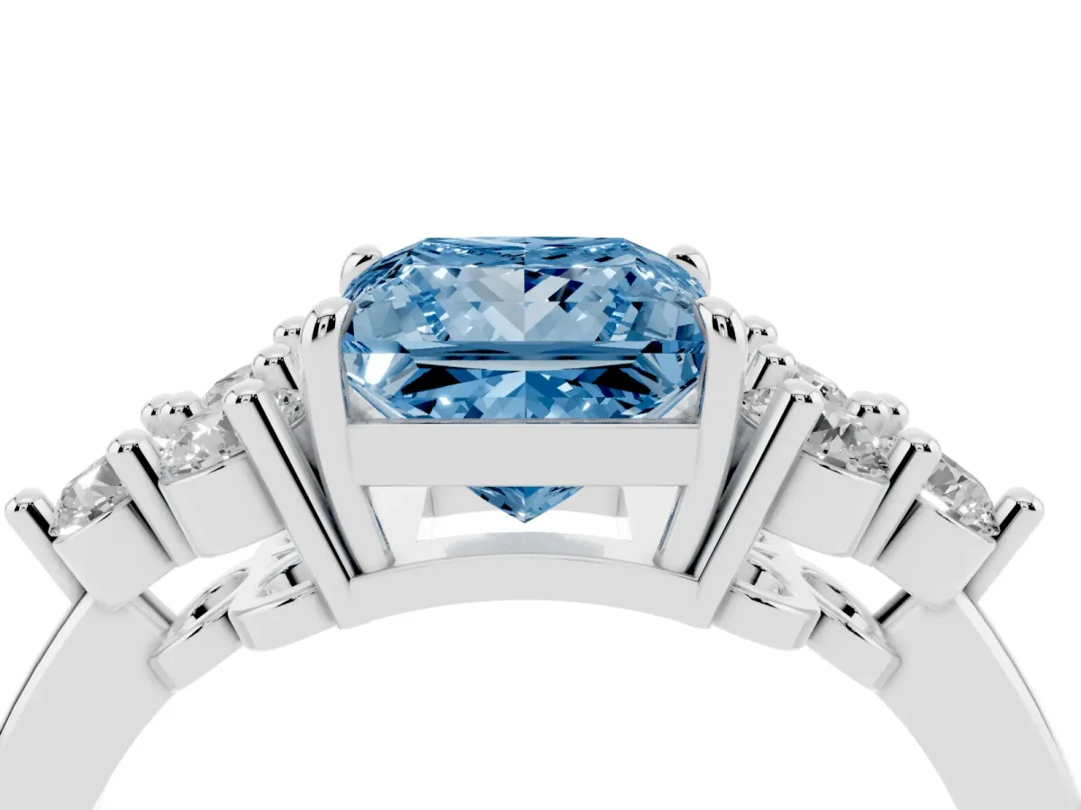 Fancy Blue Princess Cut Brilliant Diamond Cluster Accent Solitaire Ring with Prong Setting Platinum