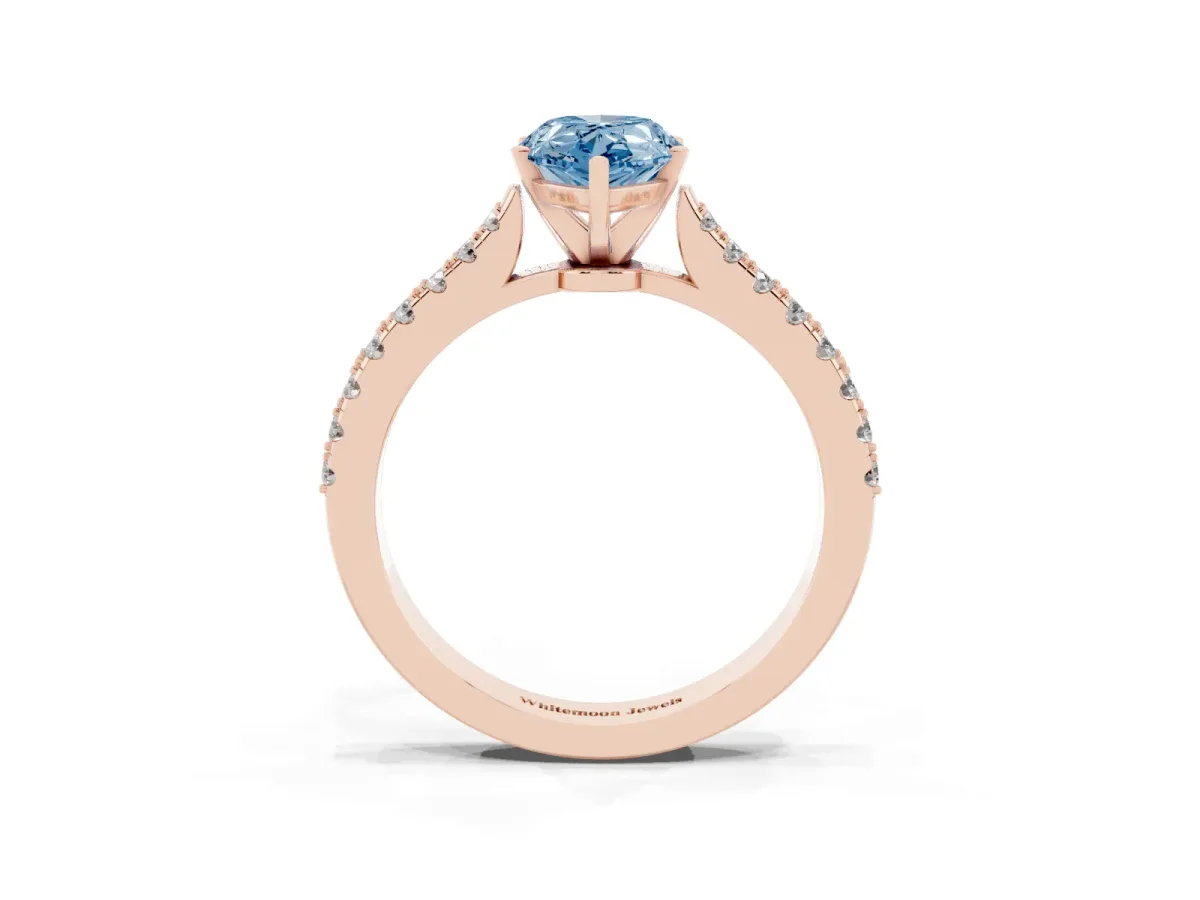 Fancy Blue Pear Cut Cut Solitaire Diamond Engagement Ring with Pave Band and Four-Prong Setting Rose gold