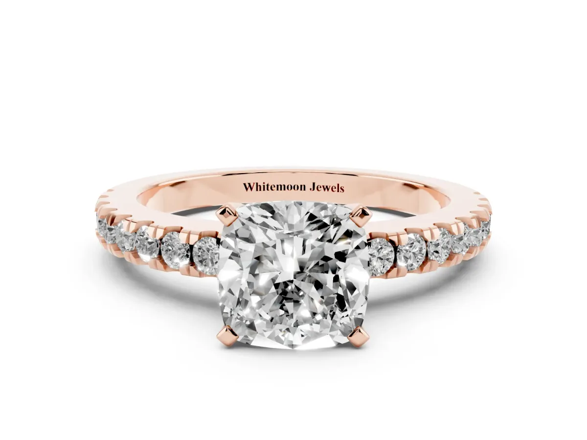 Cushion Cut Solitaire Diamond with Pavé Band and Four-Prong Setting Rose gold
