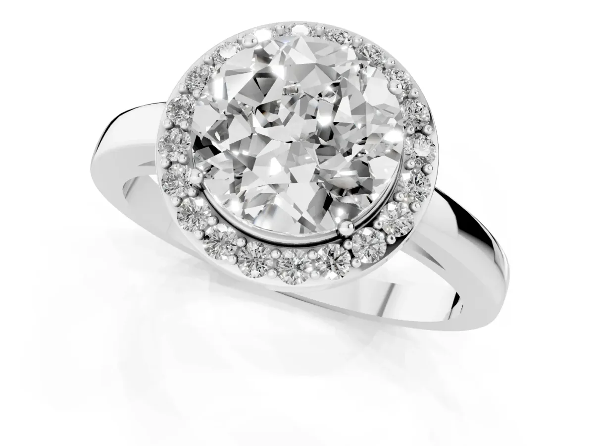 Round Cut Halo Diamond Ring with Solitaire Band and Prong Setting Silver