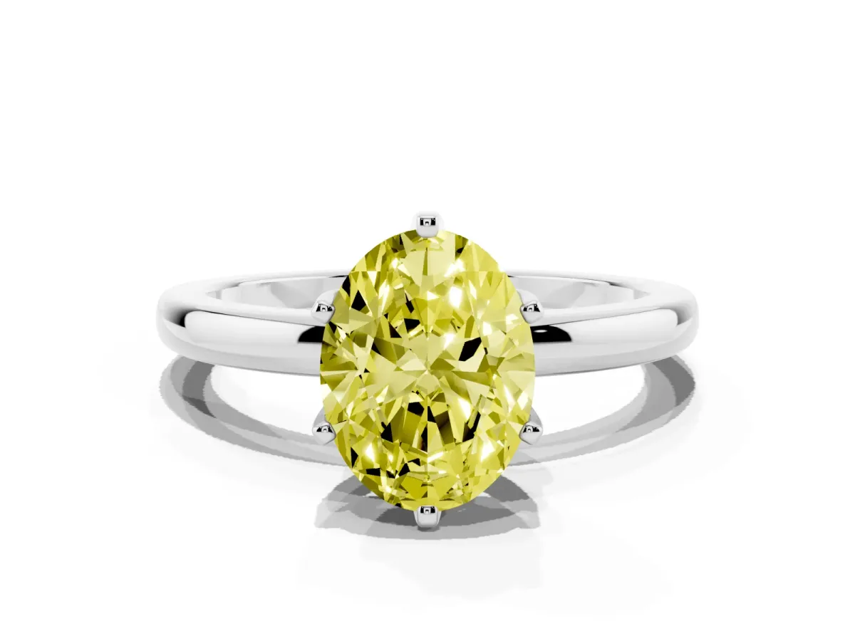 Fancy Yellow Oval Cut Solitaire Diamond Ring with Six-Prong Setting on a Classic Band Silver