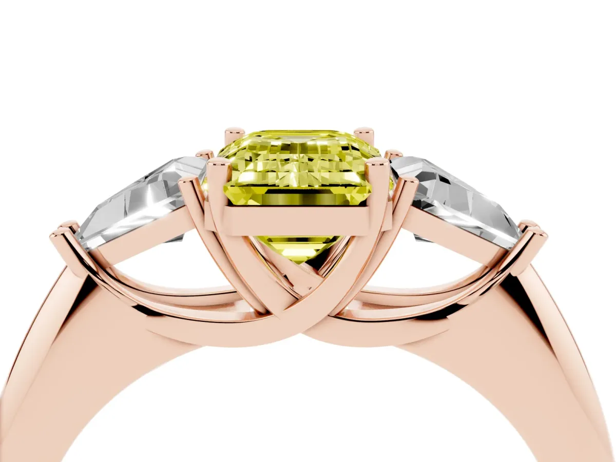 Fancy Yellow Three-Stone Emerald Cut Diamond Engagement Ring with Trillion Side Stones and Prong Setting Rose gold