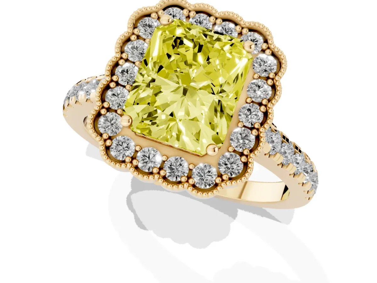 Fancy Yellow Radiant Cut Cut Diamond Milgrain Floral Halo Engagement Ring with Pavé Band Yellow gold