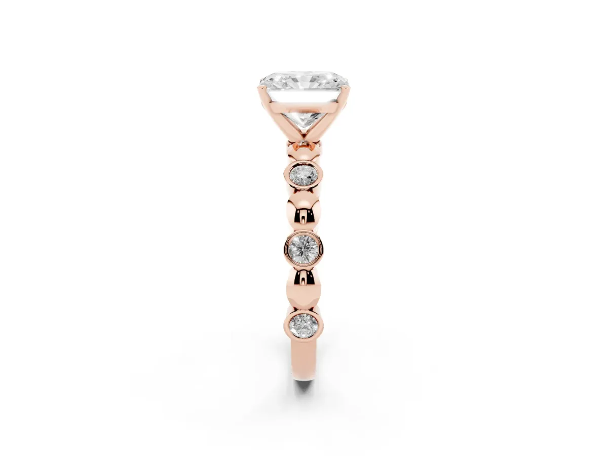 Radiant Cut Solitaire Bezel-Set Diamond Ring with Beaded Band and Four-Prong Setting Rose gold