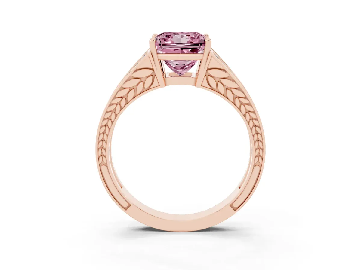 Fancy Pink Princess Cut Diamond Split Shank Ring with Pavé Band and Four-Prong Setting Rose gold
