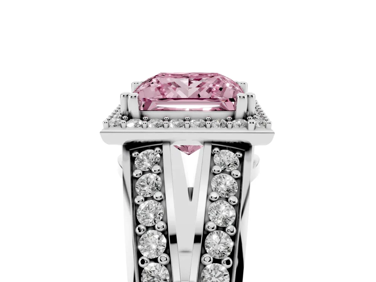 Fancy Pink Princess Cut Diamond Halo Ring with Split Shank Pavé Band and Four-Prong Setting Platinum
